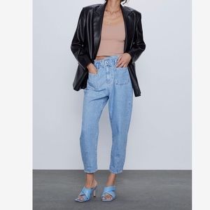 Zara Baggy Paperbag Waist Jeans In Blue Denim Size 4